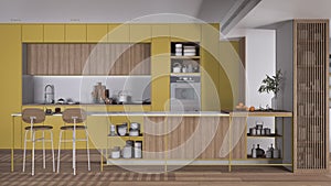 Modern yellow colored and wooden kitchen, Island with stools, parquet. Oven, stove, sink and accessories, Contemporary interior