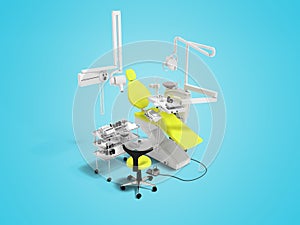 Modern yellow dental chair and bedside table with tools and appliances for dentistry perspective 3d render on blue background wit