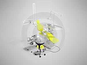 Modern yellow dental chair and bedside table with tools and appliances for dentistry perspective 3d render on gray background wit