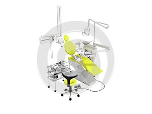 Modern yellow dental chair and bedside table with tools and appliances for dentistry perspective 3d render on white background no