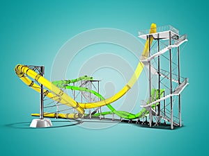 Modern yellow green water slides amusement for the water park for 3d rendering on blue background with shadow