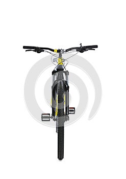 Modern yellow mountain bicycle on background
