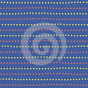 Modern yellow and red hand drawn dotted random horizontal lines. Seamless geometric pattern on blue background. Great