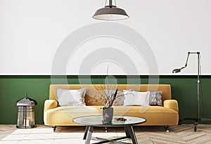 Modern yellow sofa in trendy design. Stylish living room with wooden black coffee table. Retro floor and ceiling lighting.