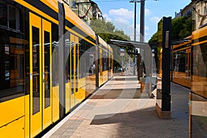 A modern yellow trauma bus with tinted windows at a public transport stop