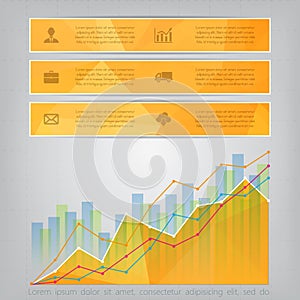 Modern yellow triangular style Business Infographics with abstract financial chart showing various visualization graphs