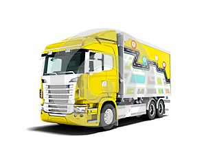 Modern yellow truck with trailer with white cargo inserts 3D render on white background with shadow