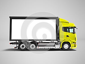 Modern yellow truck with white trailer for transportation of goo