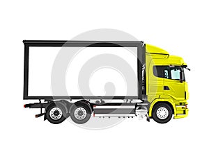 Modern yellow truck with white trailer for transportation of goo