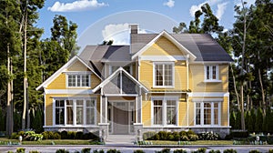 Modern yellow two story house in the suburbs at forest lush