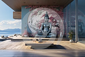 Modern yoga center with a large space and a Buddha statue for meditations on the seashore