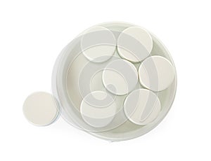 Modern yogurt maker with jars on white background, top view