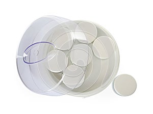 Modern yogurt maker with jars on white background, top view