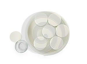 Modern yogurt maker with jars on white background, top view