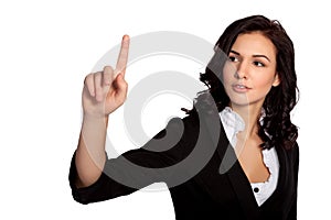 Modern young beautiful businesswoman pointing graph progress in the air