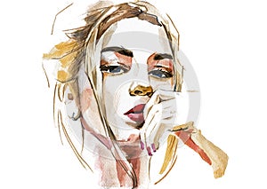 Modern Young blonde woman portrait hand drawn watercolor illustration