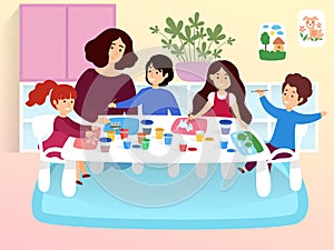 Modern young classroom, character female kindergarten teacher studying with creative little children cartoon vector