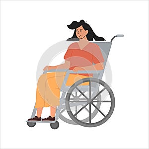 Modern Young Disabled Woman on Wheelchair. Smiling handicapped girl character isolated on white. Rehabilitation at