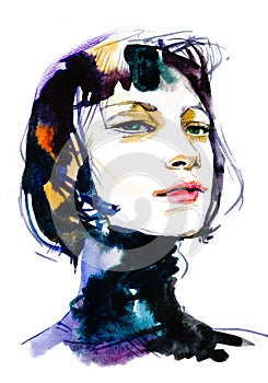 Modern Young female brunette portrait hand drawn watercolor illustration