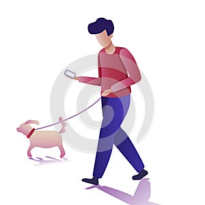Modern young man flat icons. Young man walking a dog and communicating via smartphone. Vector illustration on a transparent
