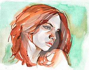 Modern Young red headed woman portrait hand drawn watercolor illustration