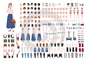 Modern young woman constructor or animation kit. Collection of female character body parts, gestures, stylish clothing