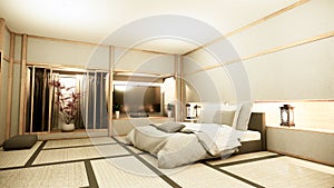 Modern zen peaceful Bedroom. japan style bedroom with shelf wall design hidden light and decoration nihon style.3D rendering photo