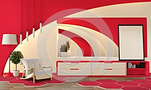 Modern zen style coral color living room. Peaceful and serene living room. decoration with oriental object and hidden light.3D
