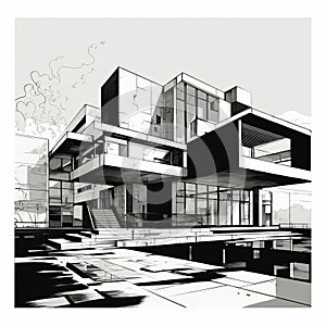 Modernism Vector: Detailed Architecture Sketch In Blocky Digital Constructivism Style photo