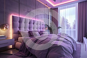 Modernist bedroom with purple lighting and contemporary furniture