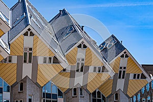 Modernist construction, famous cubic houses or Kubuswoningen seen from lower angle