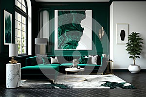 Modernist Emerald and Grey Living Room Interior Design with Abstract Painting,