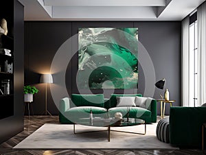Modernist Emerald and Grey Living Room Interior Design with Abstract Painting,