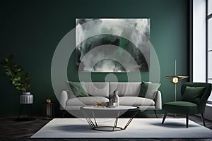 Modernist Emerald and Grey Living Room Interior Design with Abstract Painting,