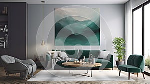 Modernist Emerald and Grey Living Room Interior Design with Abstract Painting,