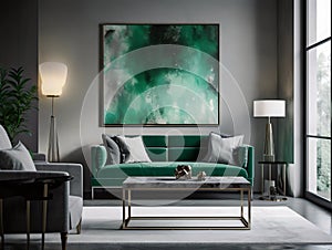 Modernist Emerald and Grey Living Room Interior Design with Abstract Painting,