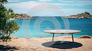 Modernist Minimalism: Aluminum Table On Beach With Azure Sea