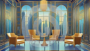 Modernistic interior with armchairs and large windows, view on skyscrapers behind window photo