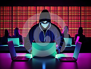 Modernized hacker with hoodie. Concept of hacker group, organization or association