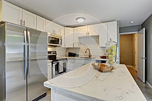 Modernized kitchen with grey and white theme.