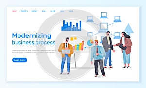 Modernizing business process landing page template, webpage with people working on global network photo