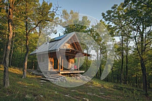 A modest cabin nestled among towering trees in a dense forest, An off-grid cabin constructed using sustainable building materials