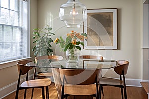 a modest dining room with a glass table, four chairs, and a pendant light
