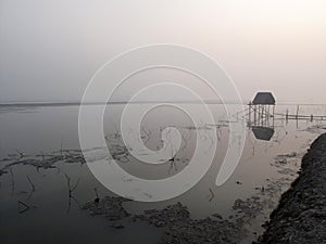 Modest straw hut of Indian fishermen in the Ganges, Sunderband, India