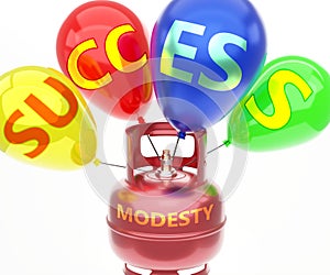 Modesty and success - pictured as word Modesty on a fuel tank and balloons, to symbolize that Modesty achieve success and