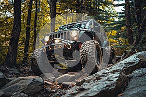A modified 4x4 vehicle with large off-road tires crawls over a rocky section of a forest trail.