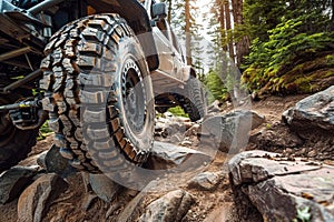 A modified 4x4 vehicle with large off-road tires crawls over a rocky section of a forest trail.