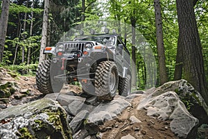 A modified 4x4 vehicle with large off-road tires crawls over a rocky section of a forest trail.