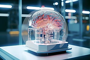 Modified brain behind transparent glass in a futuristic laboratory background. Concept of biohacking, bioengineering,