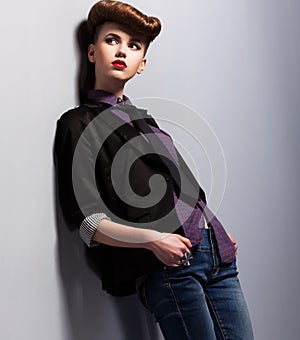 Modish Trend. Independent Nifty Woman in Pin-up Costume in Reverie. Elegance photo